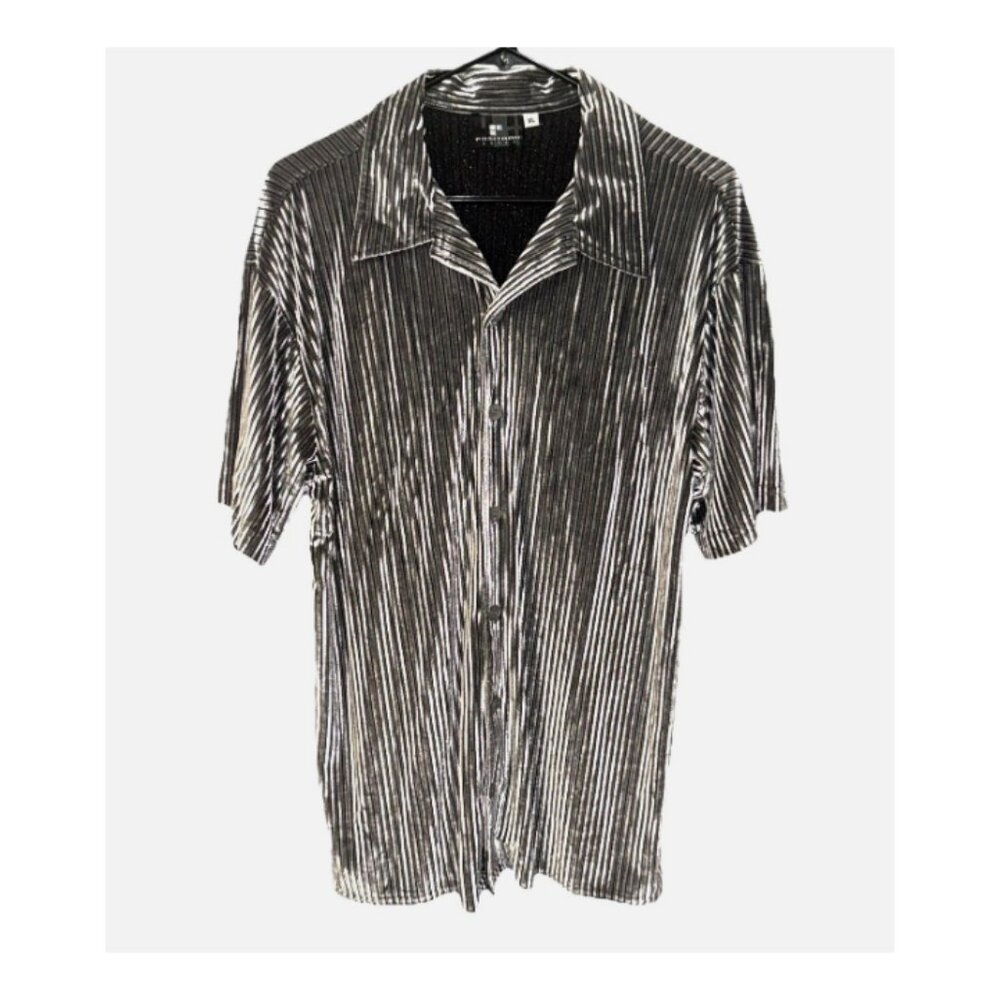 Positano Velour Short Sleeve Button Up Club Shirt Mens Size L Silver Ribbed VTG